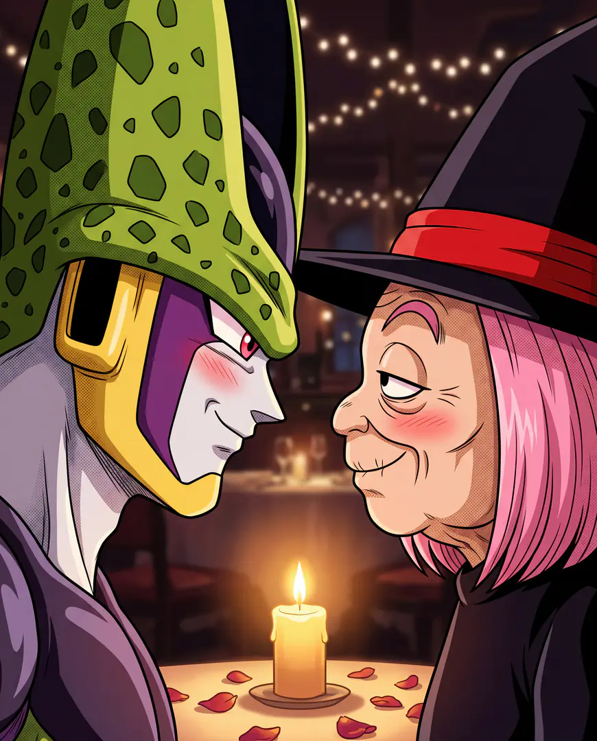 Perfect Cell from Dragon Ball and a blushing older woman wearing a witch hat gaze affectionately at each other across a romantic candlelit table scattered with rose petals.
