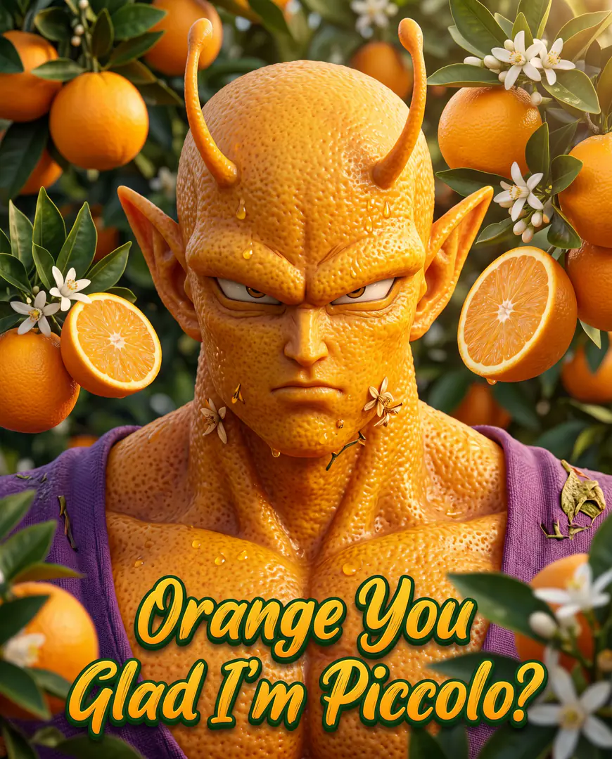 Piccolo from Dragon Ball is rendered with textured orange peel skin amidst a grove of fresh oranges, with the pun "Orange You Glad I'm Piccolo?" written across the bottom.