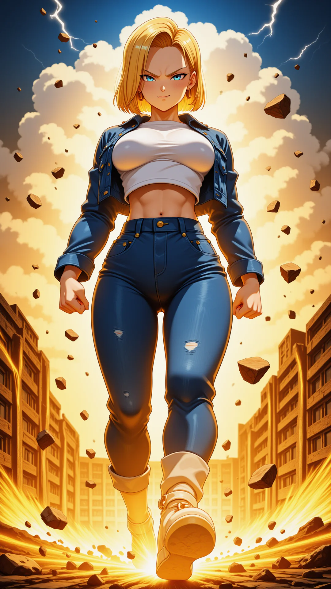 This AI Art image by Daddy Jim Headquarters depicts a powerful woman with short blonde hair and piercing blue eyes, walking confidently through a cityscape. She is wearing a blue jacket, white crop top, and tight blue jeans with ripped knees. The scene is dynamic, with debris and rocks floating around her, and lightning bolts striking in the background. Her determined expression and the dramatic lighting emphasize her strength and energy.