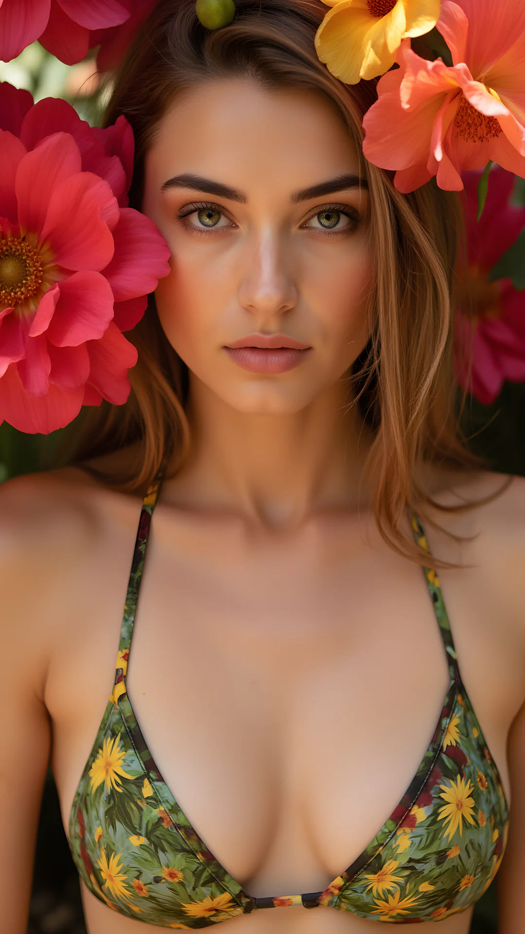 AI Art by Daddy Jim Headquarters: Realistic portrait of woman in floral bikini amid vibrant blooming flowers, aigirls beauty