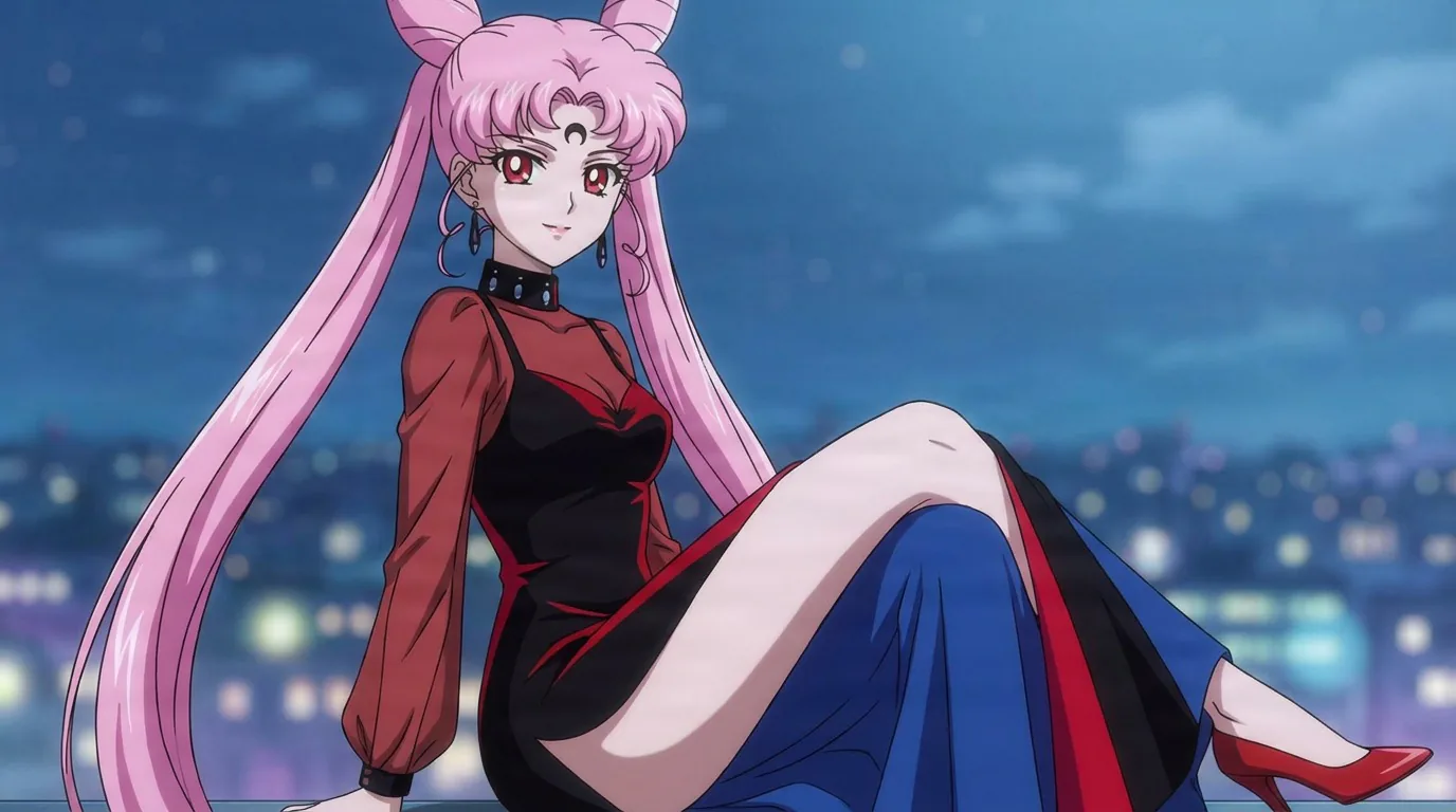 Black Lady with long pink twin-tails in a red and black dress and red heels, seated against a night skyline.