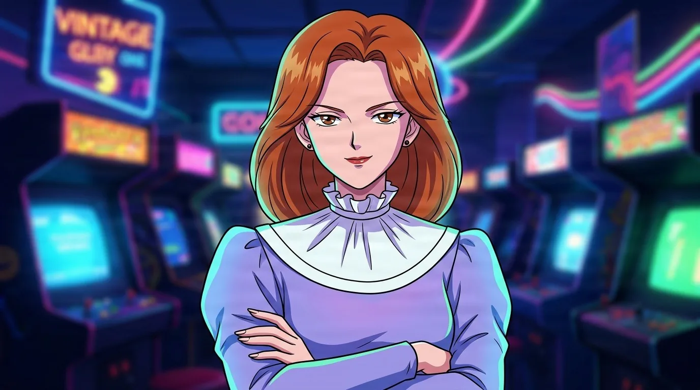 Countess Rose standing with arms crossed in a neon arcade, auburn hair and a lavender dress with a large white ruffled collar