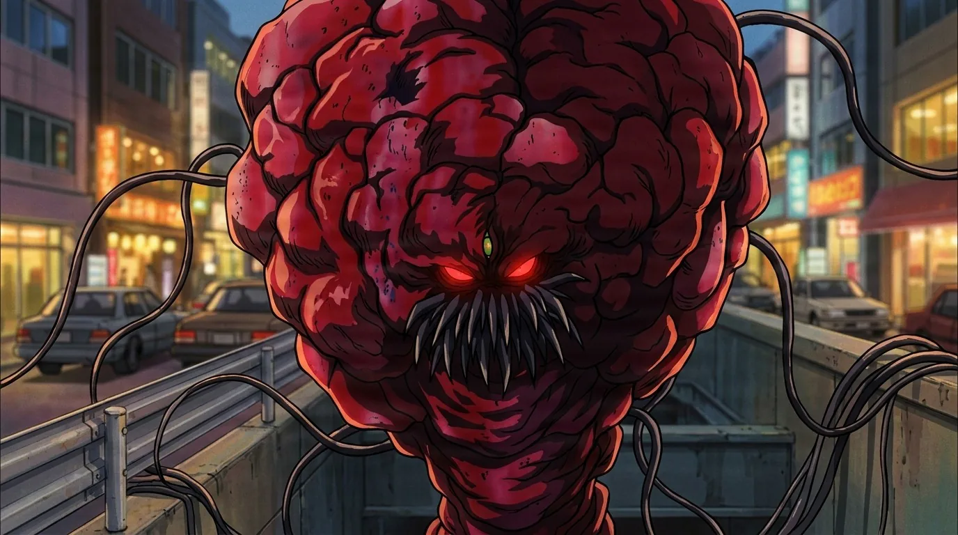 Daimon looming over a dusk city street, a red brain-like monster with glowing eyes, a fanged maw, and dark tendrils