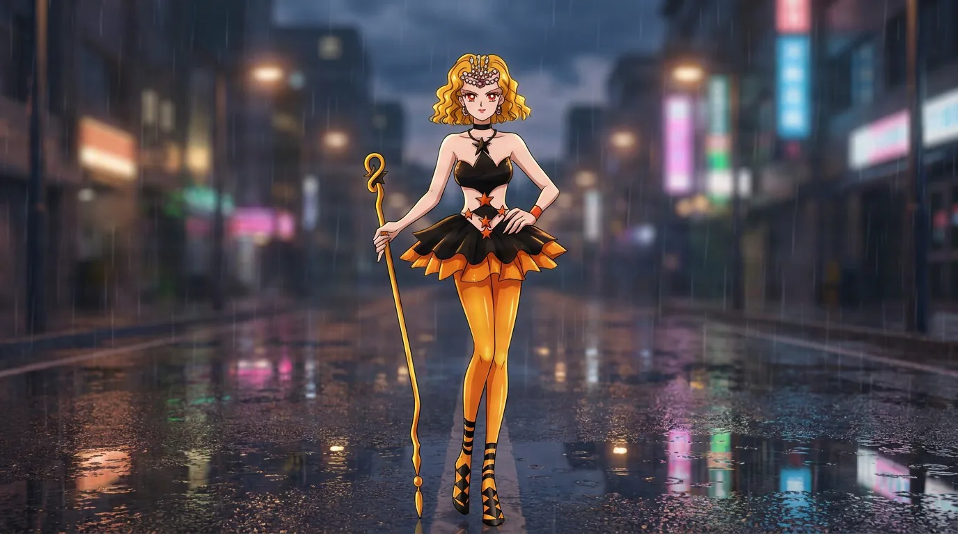 Mimete, a blonde woman in a black-and-orange star outfit with a tiara, holds a staff on a rainy neon city street.