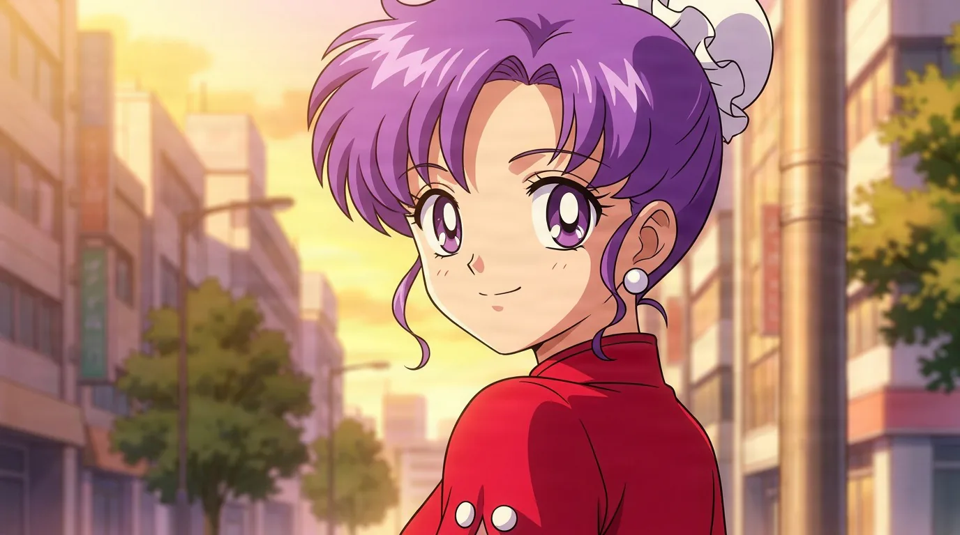 Momoko Momohara, a purple-haired girl in a red jacket and white frilly cap, glances back with a smile on a sunset city street.