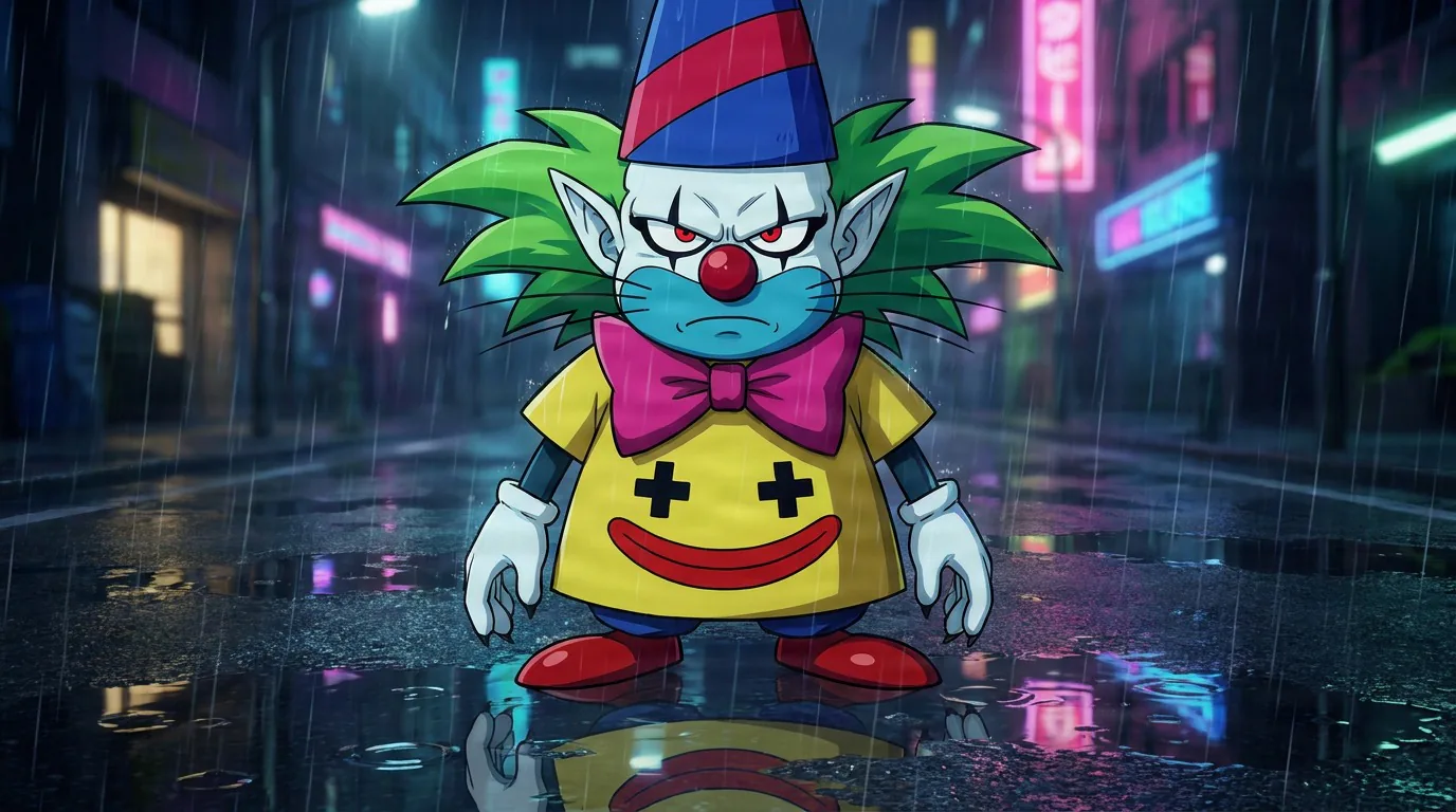 Mr. Magic Pierrot, a scowling clown with green hair, striped cone hat, pink bow and yellow smock, stands on a rainy neon street.