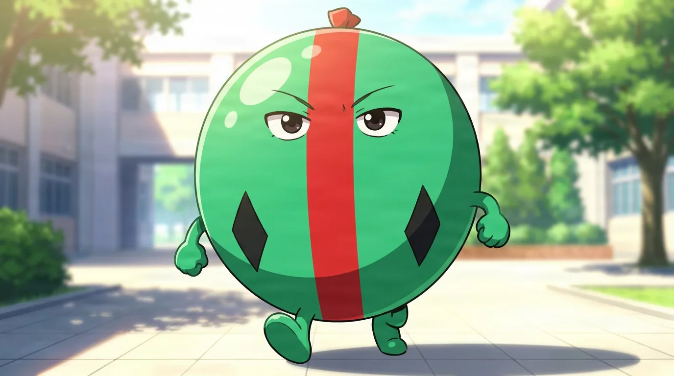 Pooko, a round green watermelon-like creature with a red stripe and black diamond markings, walks across a sunny school courtyard.
