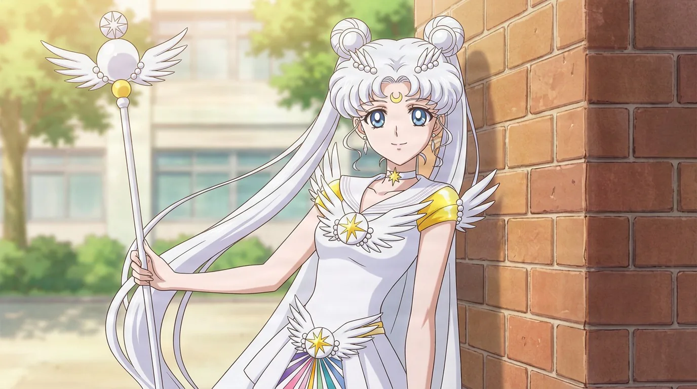 Sailor Cosmos with silver hair in buns and a white winged gown, holding a star-topped staff beside a brick wall.