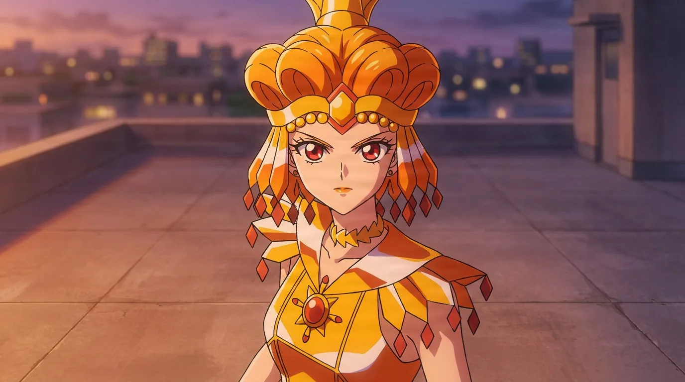 Sailor Galaxia in orange-gold crown and armor with sharp red eyes, standing on a rooftop at dusk.