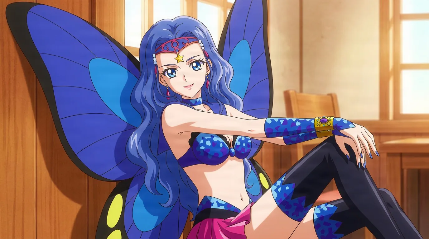 Sailor Heavy Metal Papillon, a blue-haired woman with butterfly wings and a jeweled tiara, reclines in a sunlit wooden room.