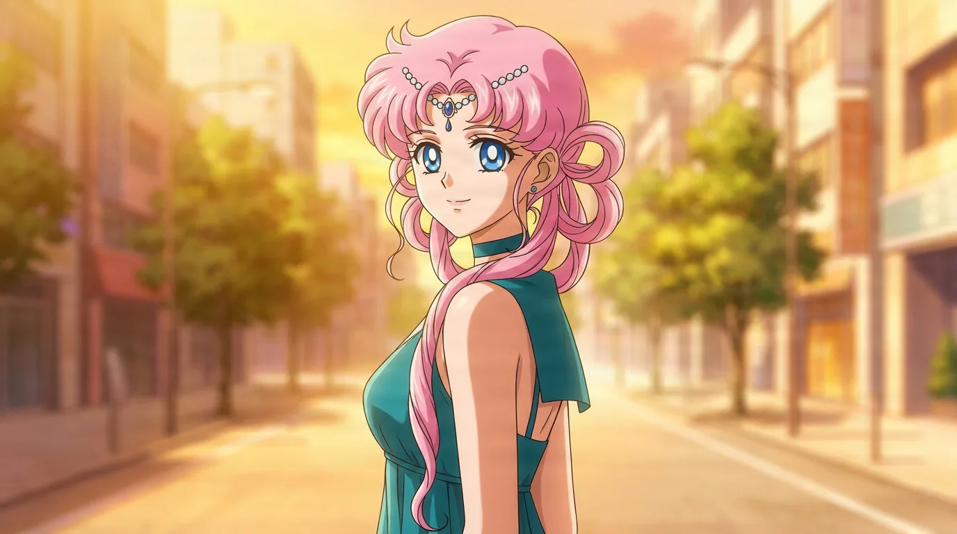 Sailor Lethe with pink hair and a crescent moon mark, in a teal halter dress on a sunset city street.