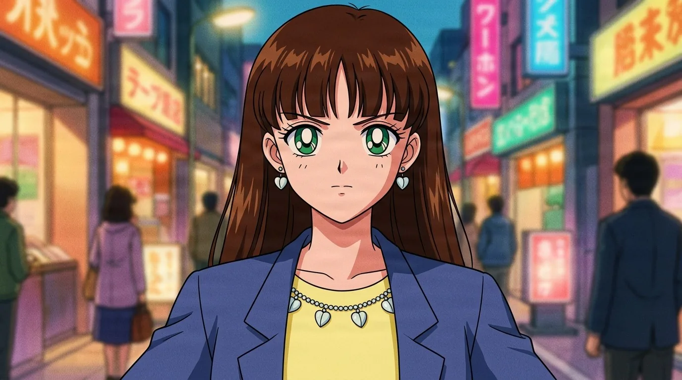 Saori standing on a neon shopping street, long brown hair, green eyes, a blue blazer over a yellow top and a pearl necklace with heart charms