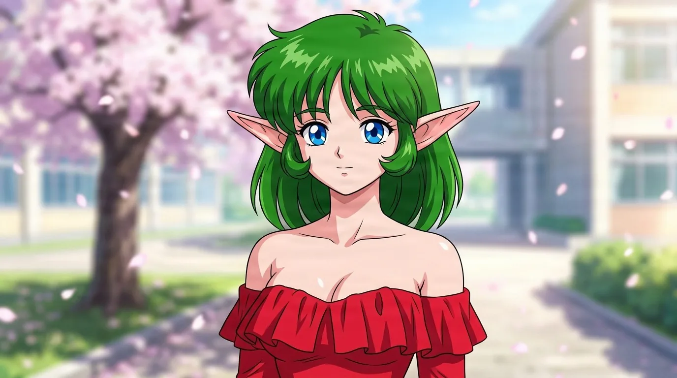 Scar, a green-haired pointed-eared elf girl in a red off-shoulder dress, standing beneath cherry blossoms outside a school building