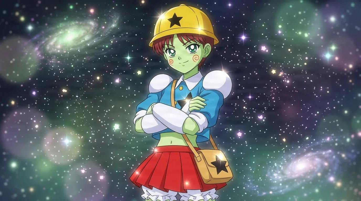 U-Tomodachi, a green-skinned alien girl in a yellow star helmet and blue uniform with red skirt, arms crossed against a starry galaxy backdrop