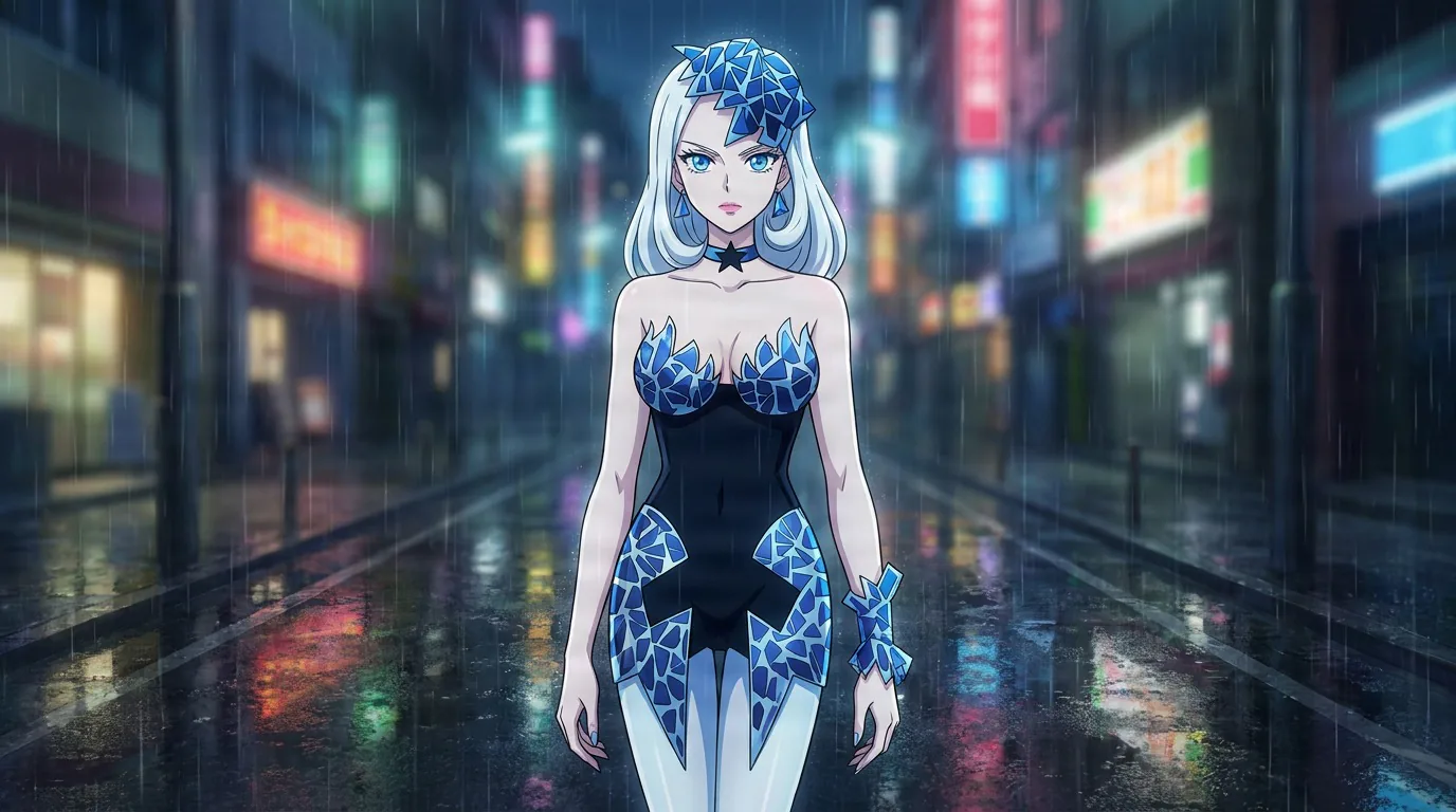 Viluy, a silver-haired woman in a crystalline shard headpiece and black bodysuit, stands on a rainy neon city street.