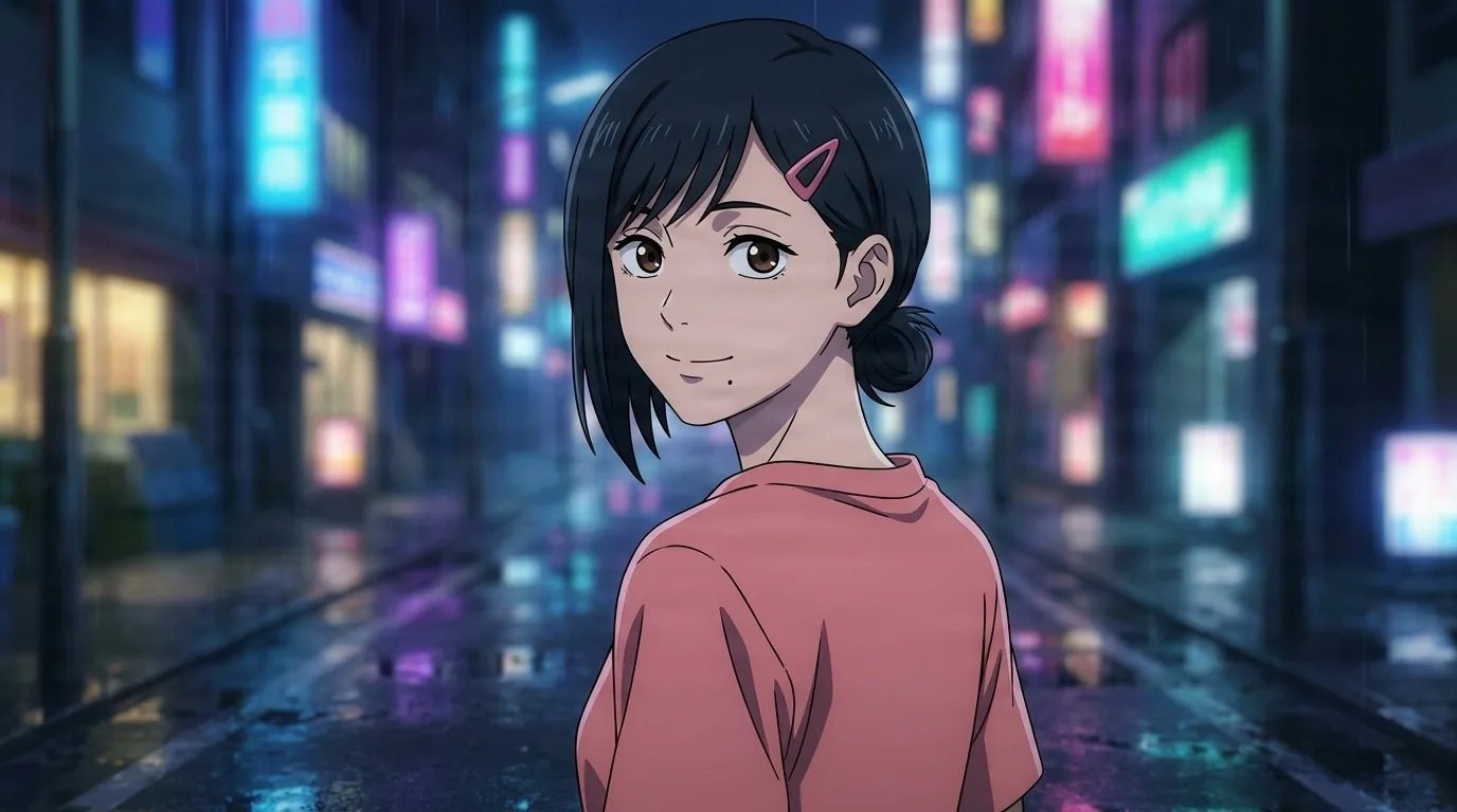 Aoi Sakamoto glancing back over her shoulder on a rainy neon lit street, black bob with a pink hair clip and a coral sweater