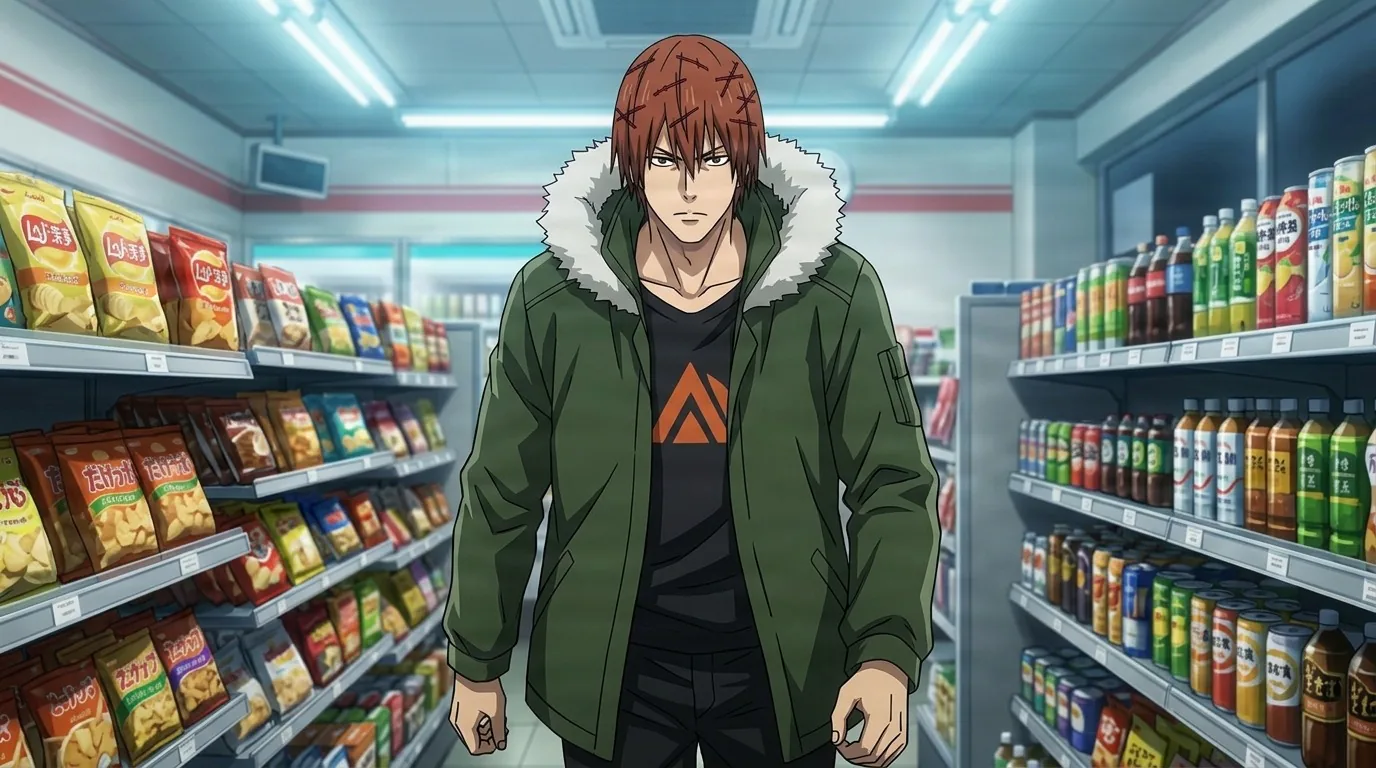 Apart standing in a convenience store aisle, red hair with X-shaped clips, olive fur-lined parka over a black logo tee.