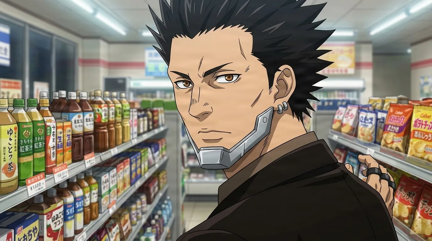 Hyo glancing sideways in a convenience store drinks aisle, spiked black hair, a metal jaw guard at his neck and a dark jacket