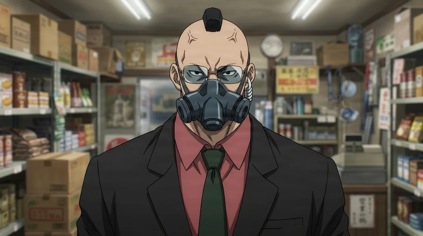 Inoda in a dark suit and green tie inside a stocked shop, bald with a small topknot, thin glasses and a black respirator mask