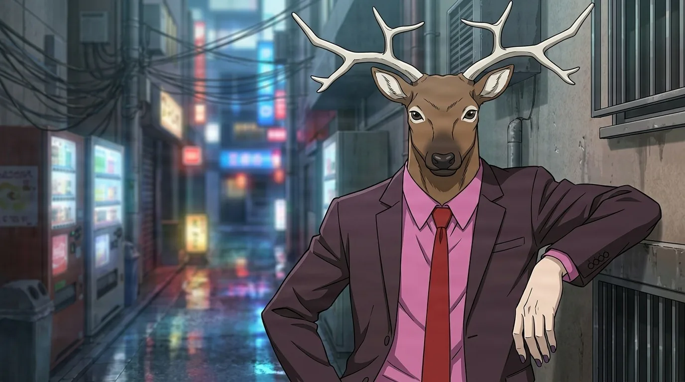 Kashima, a deer-headed man with antlers in a maroon suit and red tie, leaning against a wall in a neon-lit alley.