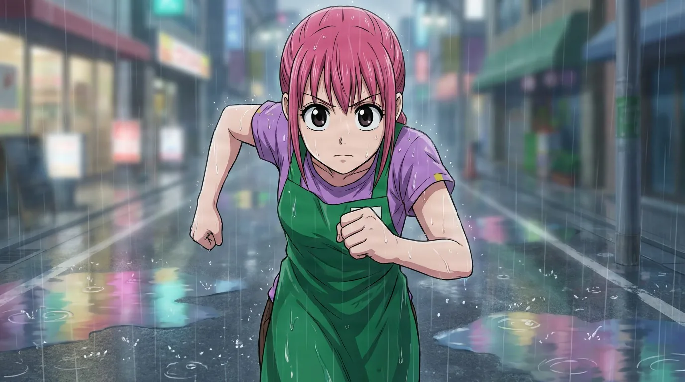 Lu Shaotang, a pink-haired young woman in a green apron, running with fists raised down a rainy city street.