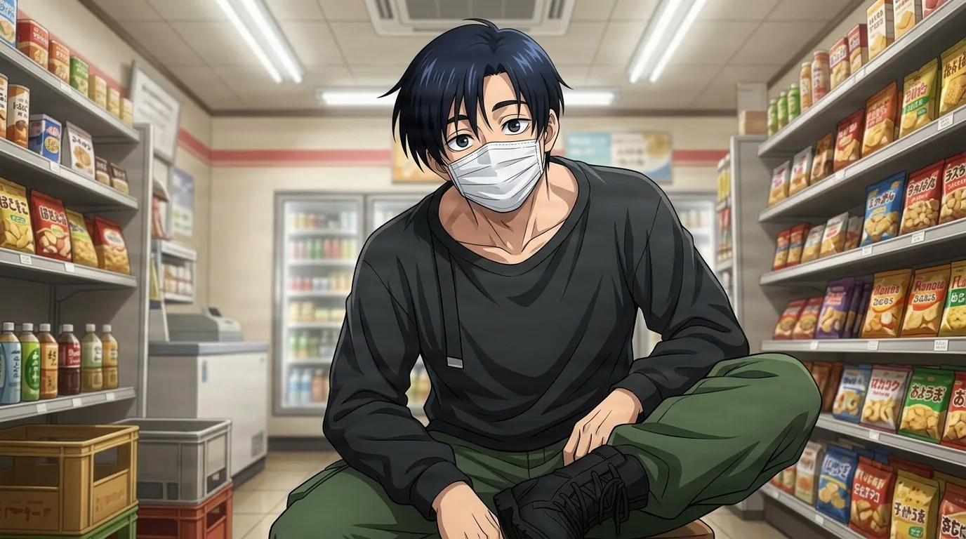 Mafuyu Seba crouching in a convenience store aisle, white surgical mask over his face, messy dark blue hair, black sweatshirt, olive pants and boots