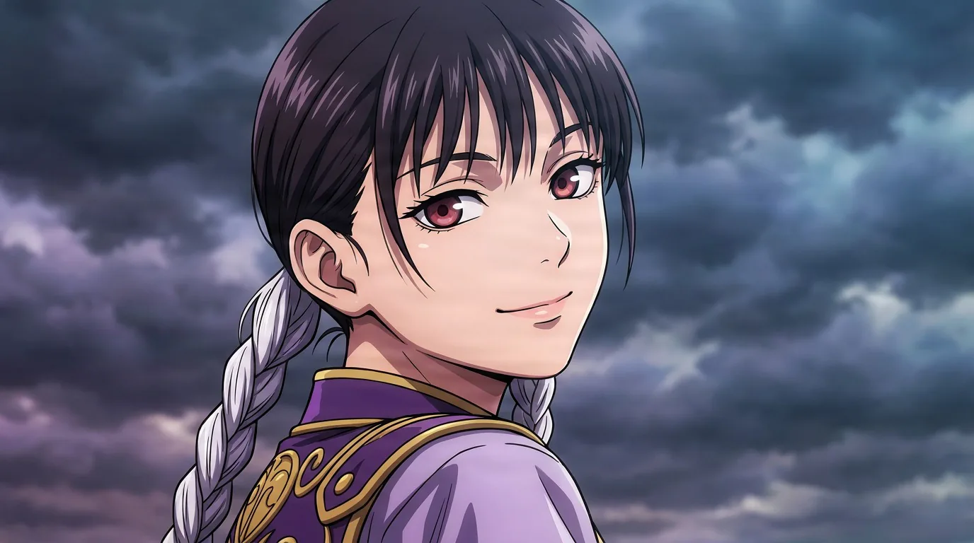 Nao Toramaru, a dark-haired youth with a long white braid in purple and gold armor, glancing back under a stormy sky.