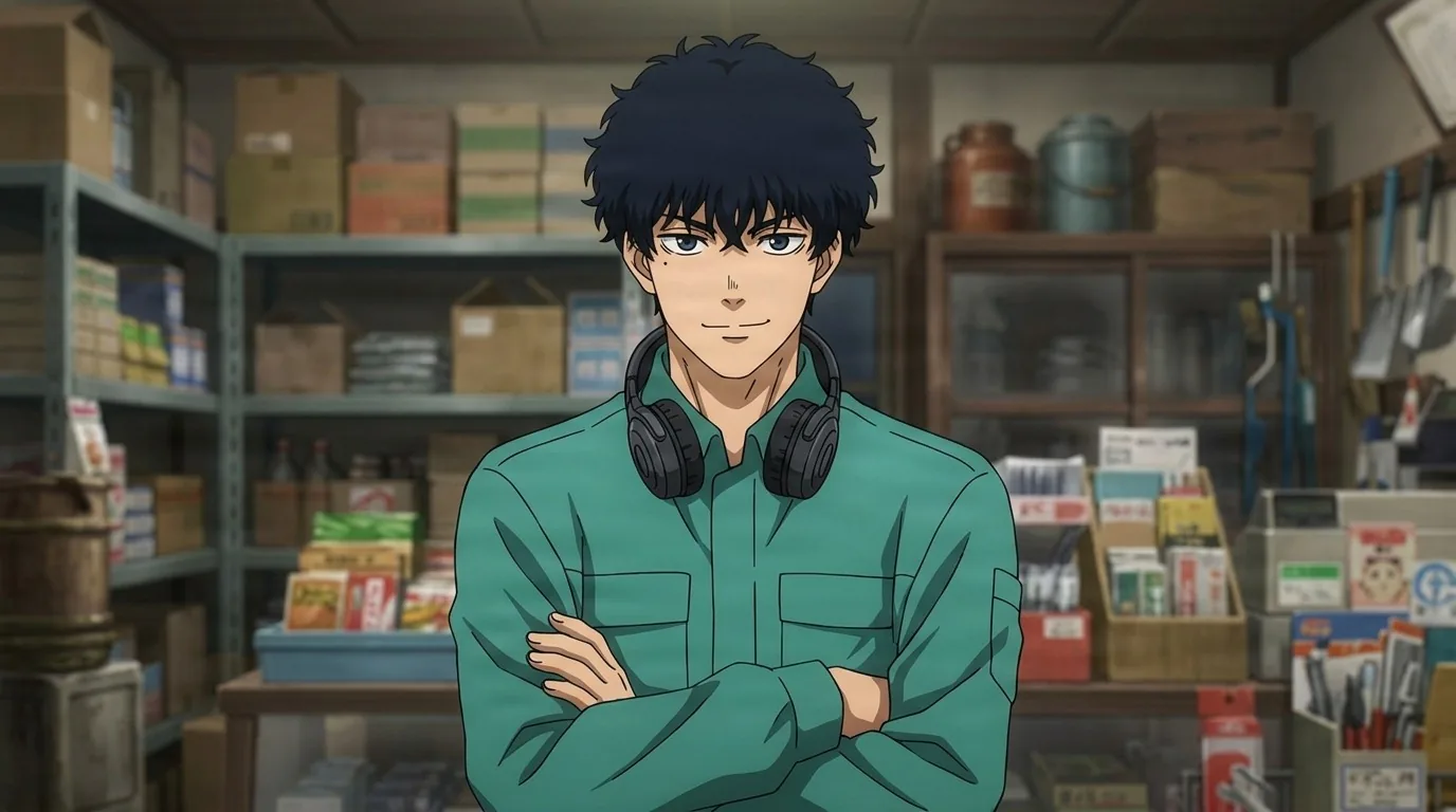 Natsuki Seba with messy black hair and headphones round his neck, arms folded in a green work jacket inside a cluttered shop