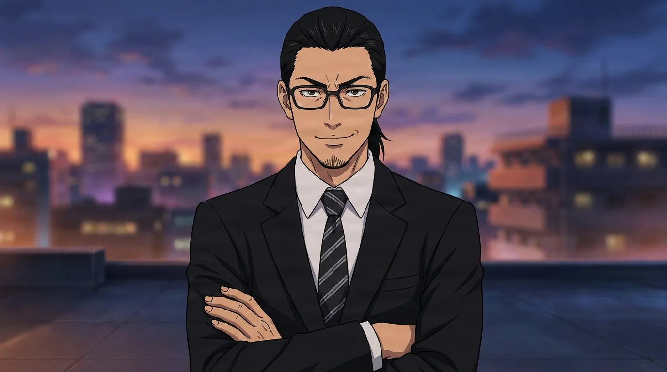 Oki, a man with a slicked-back ponytail and glasses in a black suit and striped tie, arms crossed on a rooftop at dusk.
