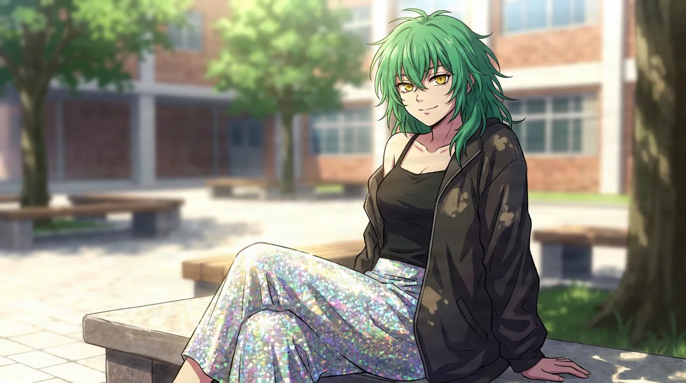 Rion Akao, a green-haired figure in a black top and sparkly pants, seated on a bench in a sunlit school courtyard.
