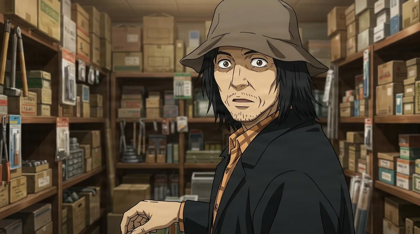 Satoru Yotsumura glancing over his shoulder in a cluttered hardware storeroom, bucket hat, long black hair, dark coat over a plaid shirt.