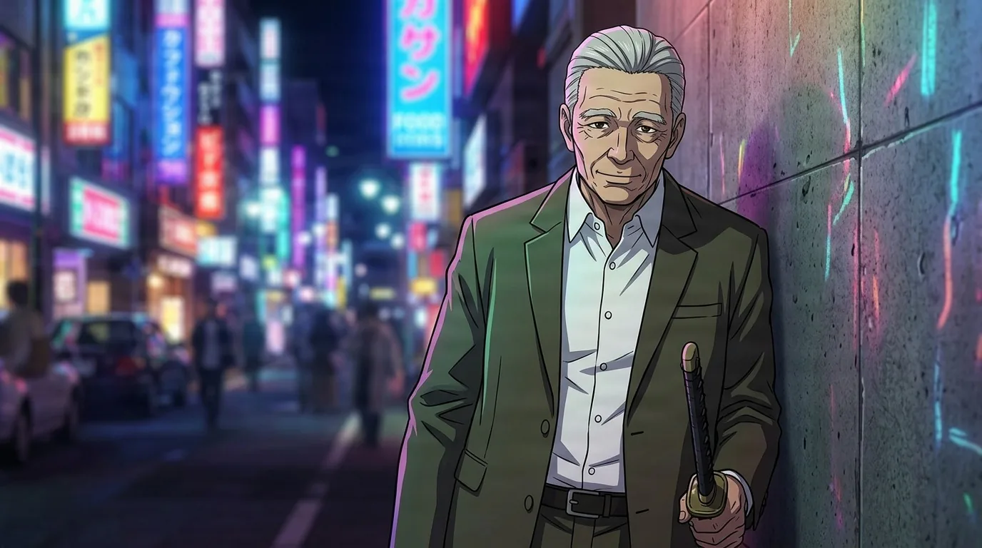 Takamura, grey haired in an olive jacket and white shirt, holding a sheathed katana on a neon lit Tokyo street at night