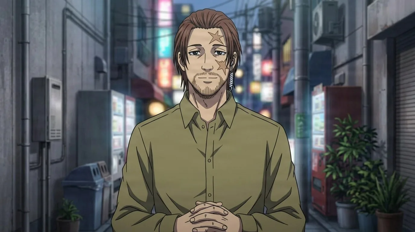Takebe standing in a neon lit alley with his hands clasped, shaggy brown hair, stubble, star tattoos on forehead and cheek, olive shirt