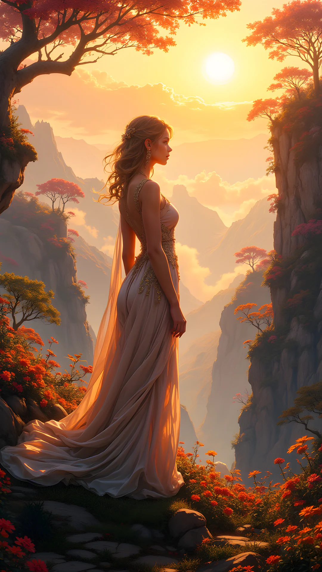 AI Art by Daddy Jim Headquarters: Elegant woman in flowing gown on cliff at golden sunset, surrounded by vibrant flowers and serene landscape, showcasing realistic beauty and peaceful aigirls artistry