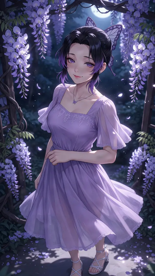 Shinobu from Demon Slayer stands in a moonlit garden surrounded by hanging wisteria blossoms, wearing a flowing light purple dress and her signature butterfly hair clip.