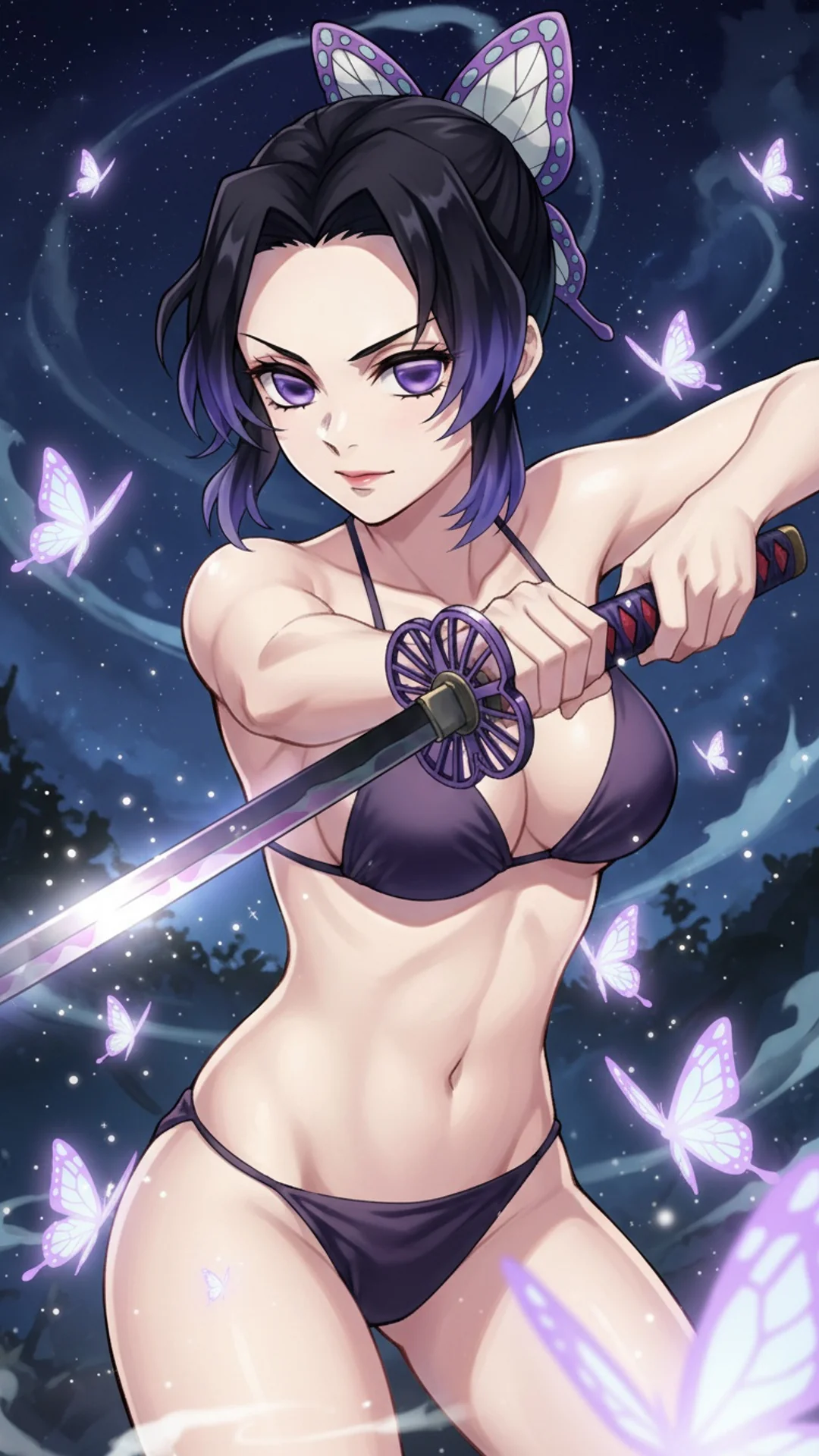 Shinobu from Demon Slayer in dynamic anime-style pose, vibrant digital AI Art illustration by Daddy Jim Headquarters