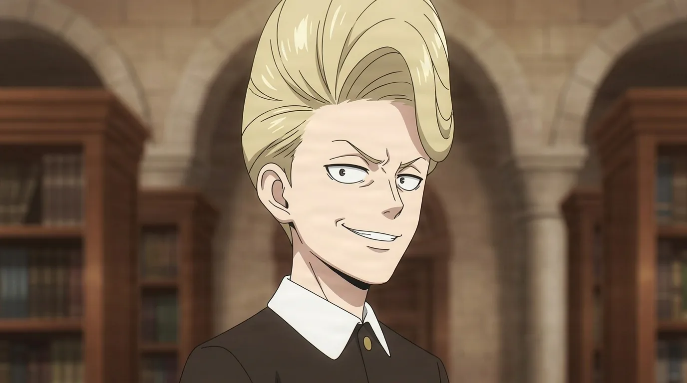 Ewen Egeburg from Spy X Family in a close-framed cel-shaded anime scene with a detailed environment