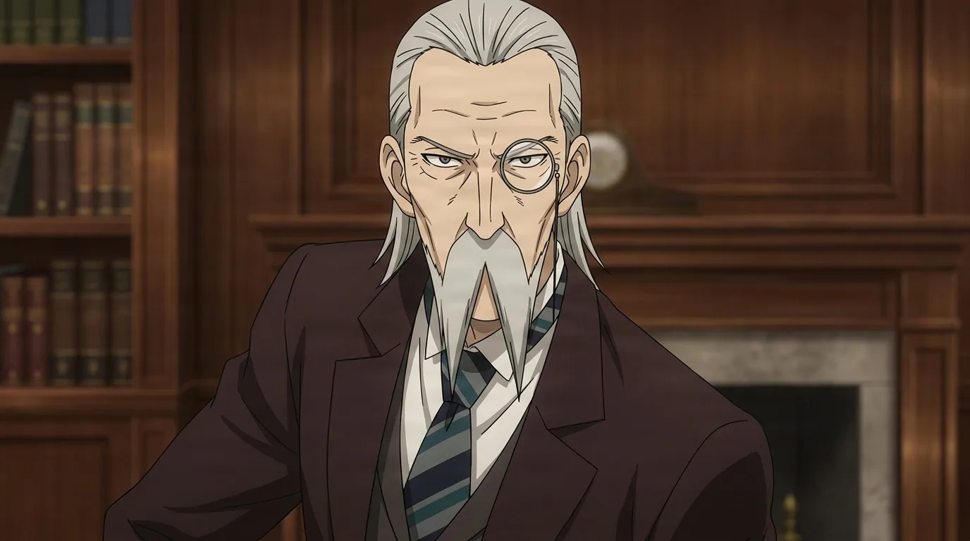 Henry Henderson, silver haired with a long pointed beard and monocle, wears a maroon suit and striped tie in a wood paneled study.
