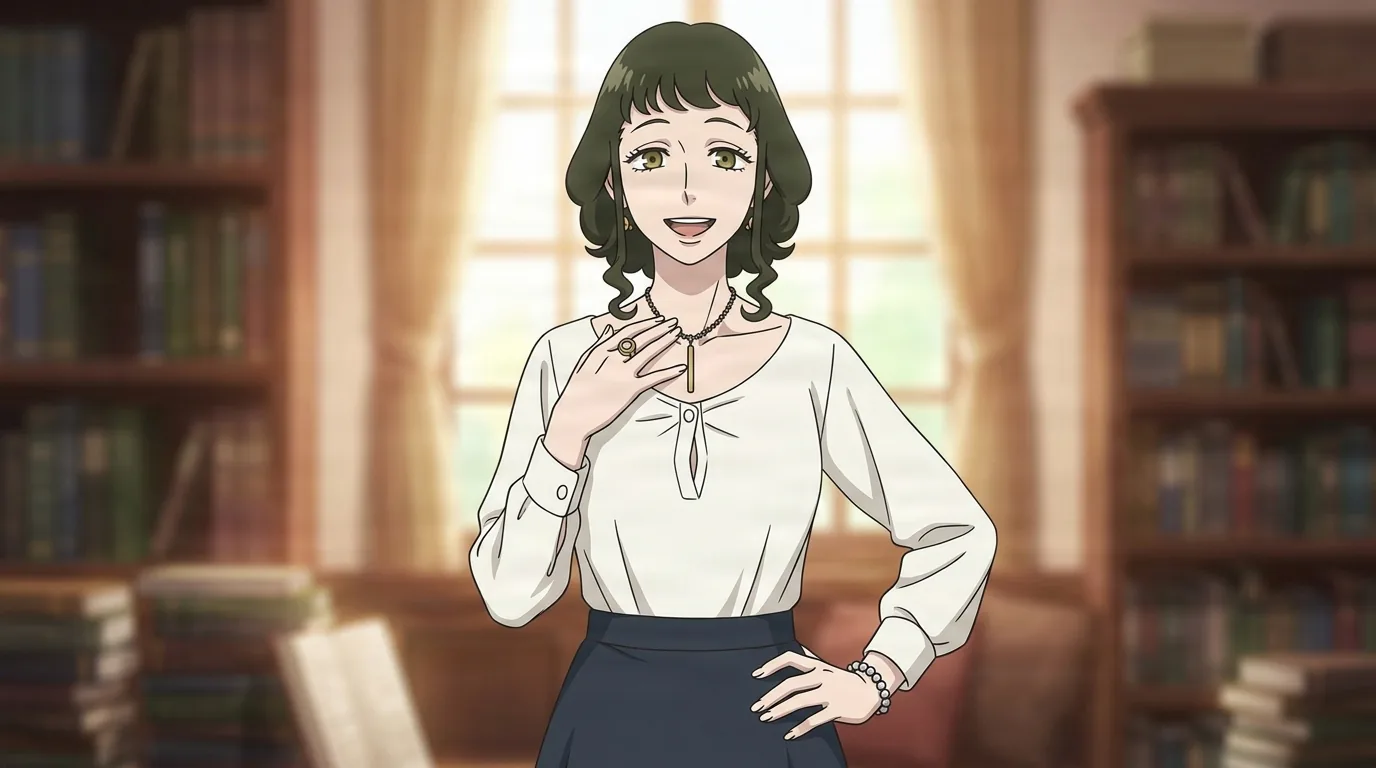 Melinda Desmond from Spy X Family in a close-framed cel-shaded anime scene with a detailed environment