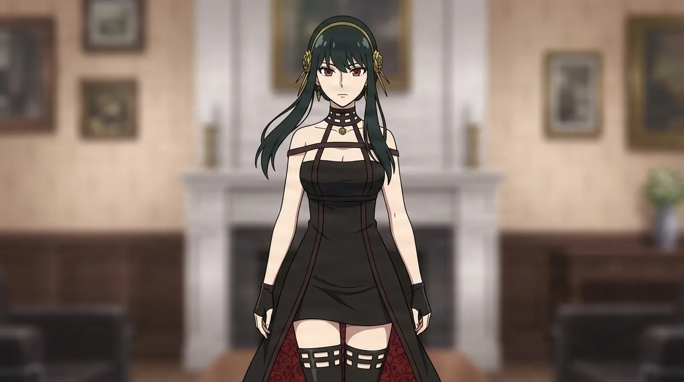 Thorn Princess stands still in a black strapped assassin dress and gold headband before a white fireplace in a portrait lined parlor.