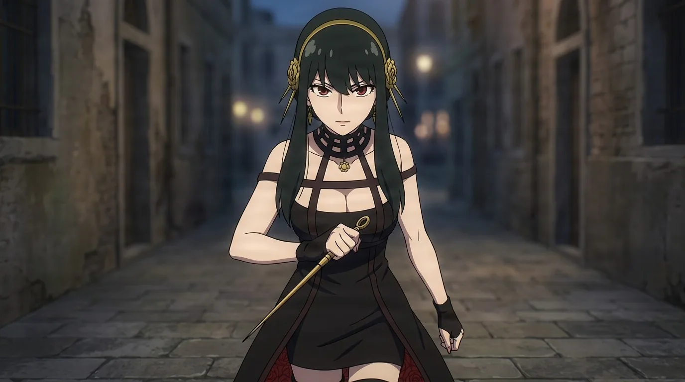 Yor Briar walks a cobblestone alley at dusk in her black assassin dress and gold headband, gripping a slim gold handled stiletto.