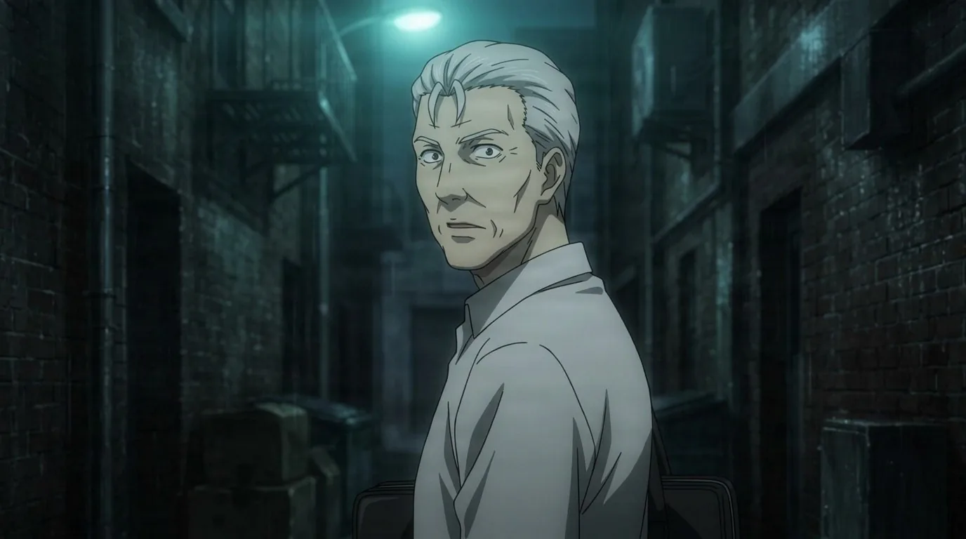 Akihiro Kanou looking back over his shoulder in a dark rain slick alley lit green, silver hair swept back, white shirt, case in hand