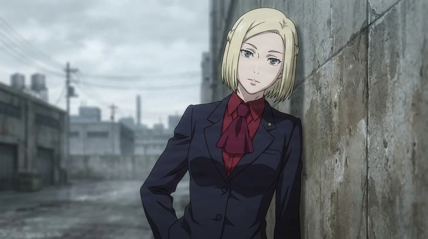 Akira Mado, a short blonde-haired woman in a dark suit and red ribbon tie, leaning on a wall in a gray industrial area.