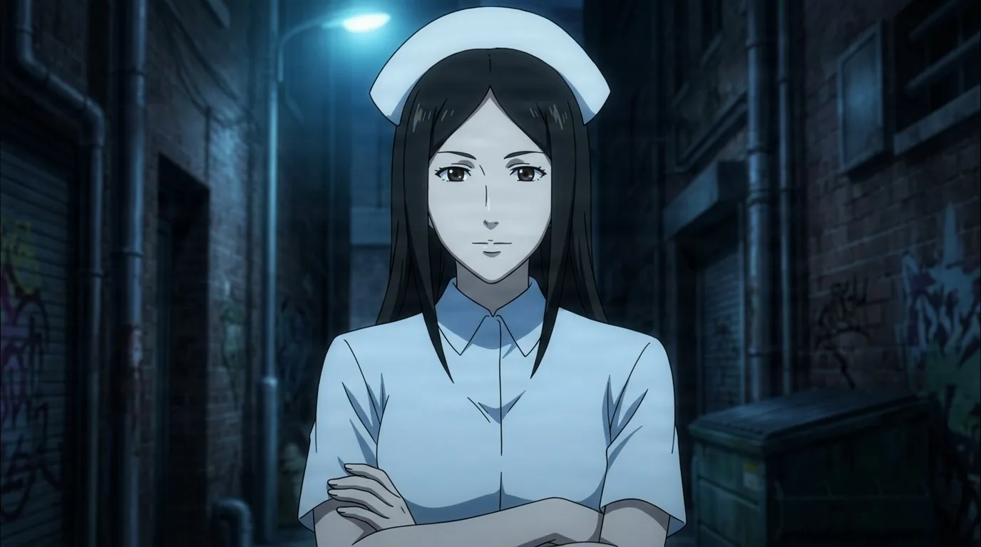 Beautiful nurse standing with arms crossed in a dim graffiti lined alley at night, wearing a pale blue uniform and white cap.