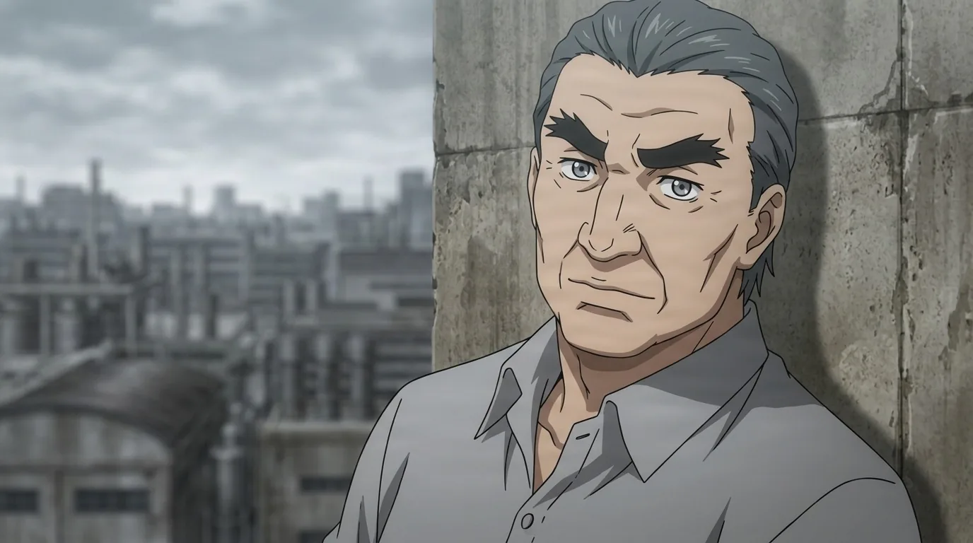 Iwao Kuroiwa standing by a concrete wall in a grey shirt, silver hair and heavy brows, overcast industrial skyline behind him.