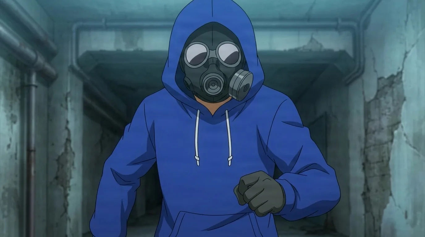 Jiro in a blue hood and black gas mask, gloved fist raised, advancing down a cracked concrete corridor