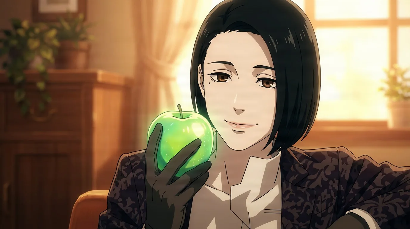 Kichimura Washuu, a black-haired man in a patterned jacket, holding a glowing green apple in a warmly lit room.