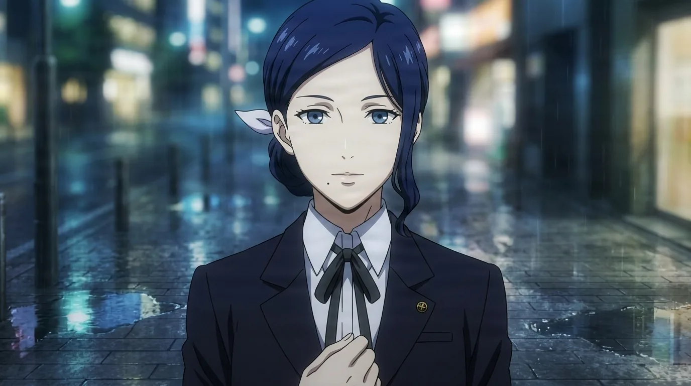 Kiyoko Aura standing calmly in a black suit and ribbon tie, dark blue hair tied back, rain falling on a neon lit street