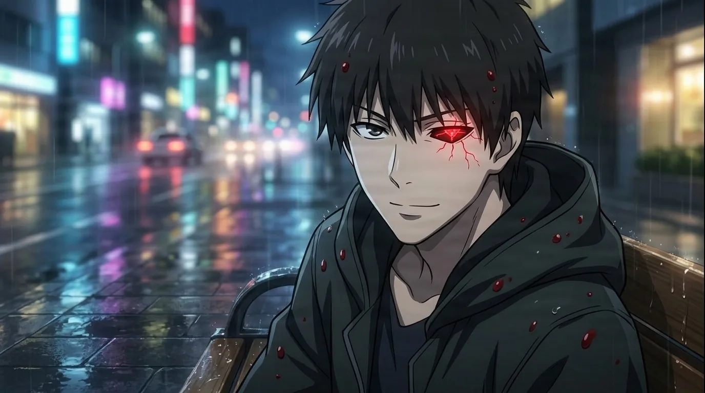 Kuki Urie smirking with one glowing red ghoul eye, blood flecked dark coat, seated on a bench in the rain under neon lights