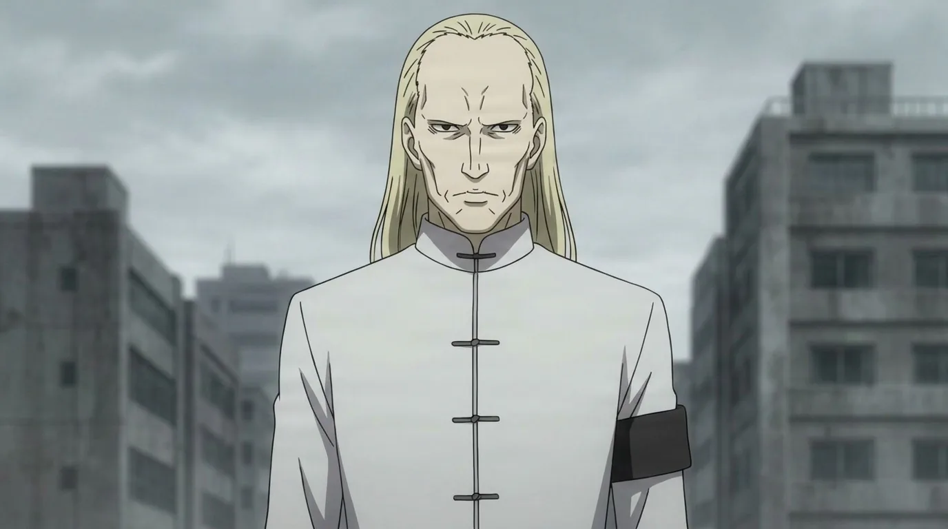 Kyouji Misaka, a stern man with long blond hair and a receding hairline, wearing a white Mandarin-collar jacket with a black armband, standing before ruined grey city buildings.